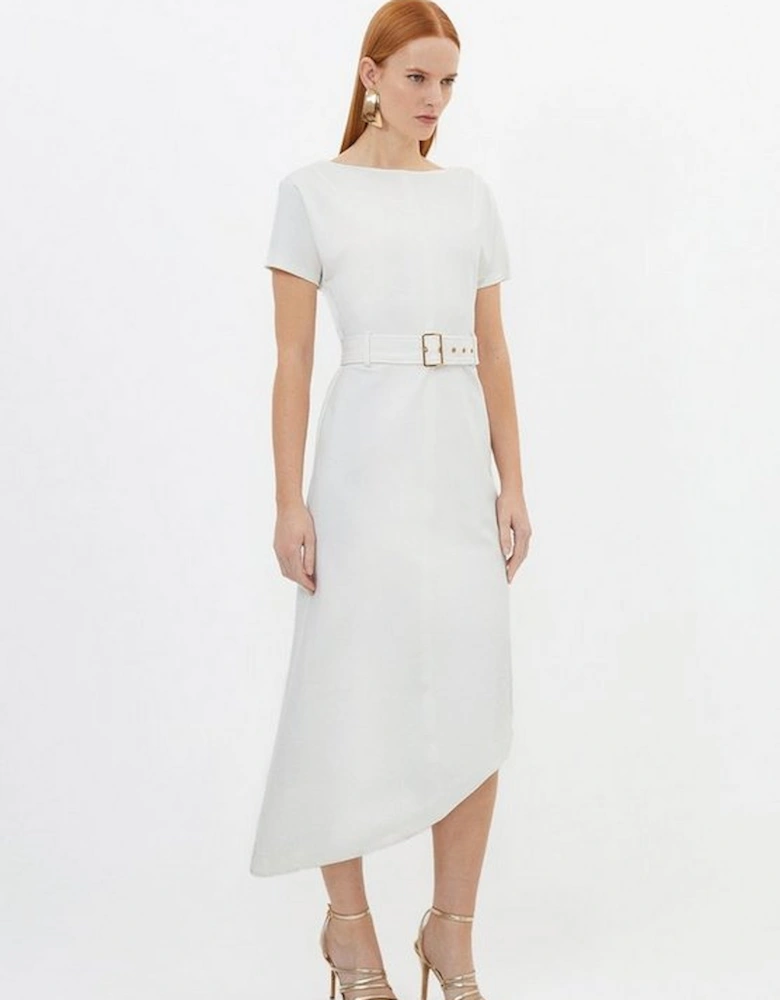 Waterfall Hem Belted Short Sleeve Ponte Jersey Midi Dress