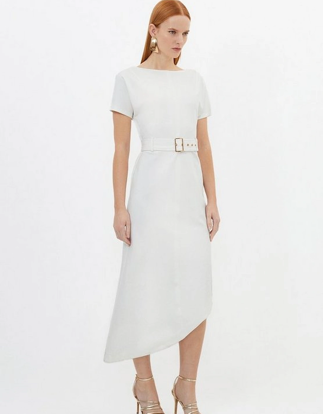 Waterfall Hem Belted Short Sleeve Ponte Jersey Midi Dress