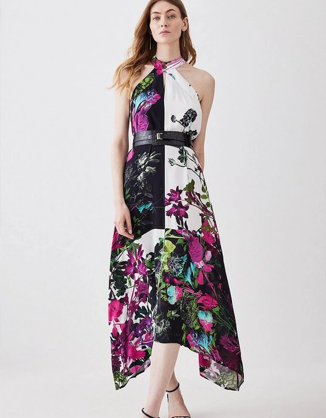 Mono Colourblock Floral Halter Neck Woven Midi Dress