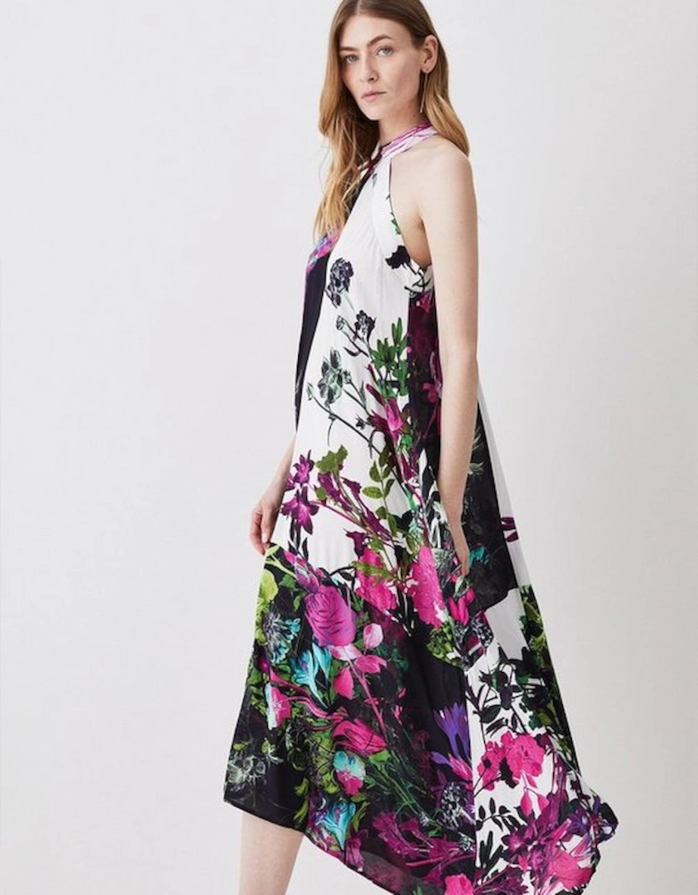 Mono Colourblock Floral Halter Neck Woven Midi Dress
