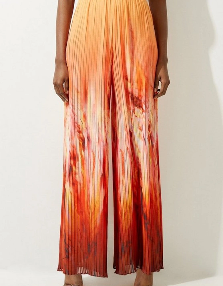 Feather Border Print Pleated Wide Leg Trouser