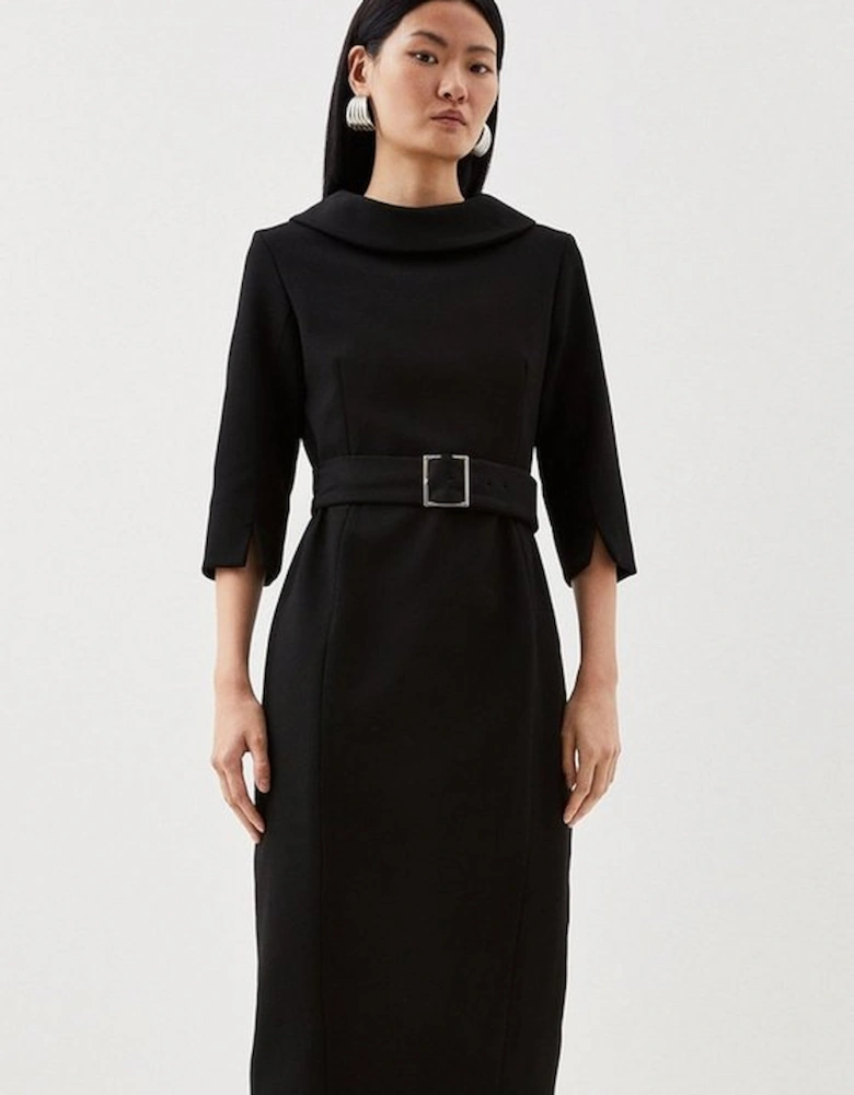 Tailored Structured Crepe Roll Neck Pencil Midi Dress