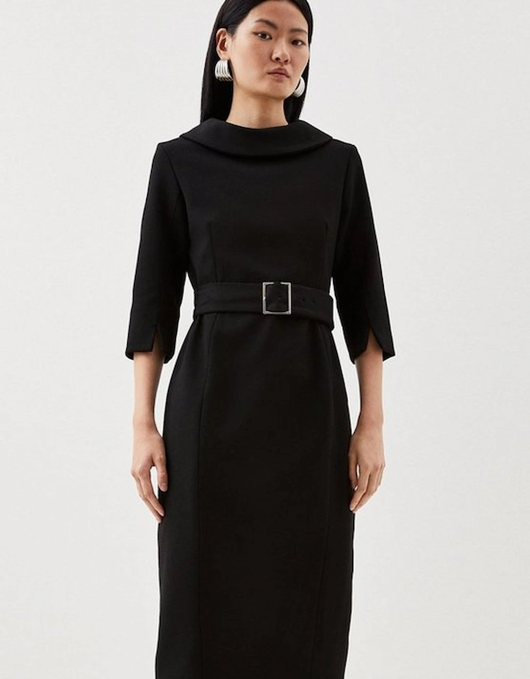 Tailored Structured Crepe Roll Neck Pencil Midi Dress, 8 of 7