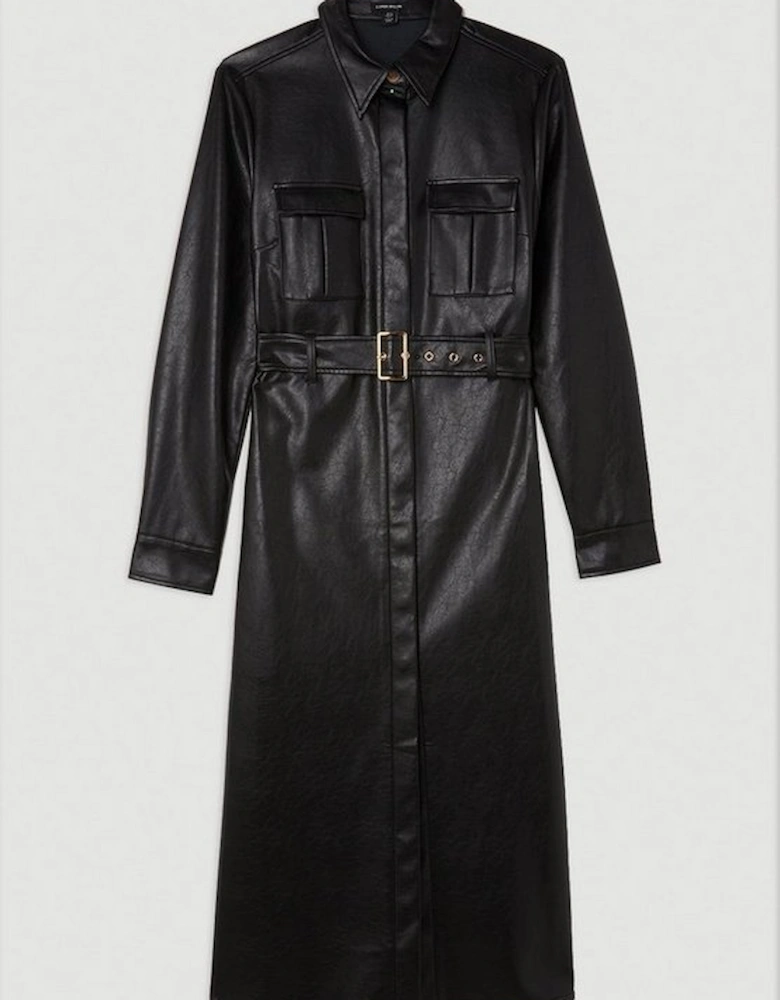 Faux Leather Belted Midi Shirt Dress