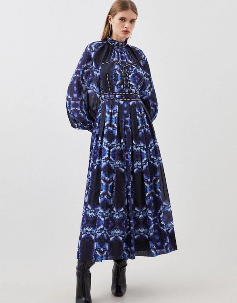 Petite Silk Cotton Border Print Woven Midi Dress