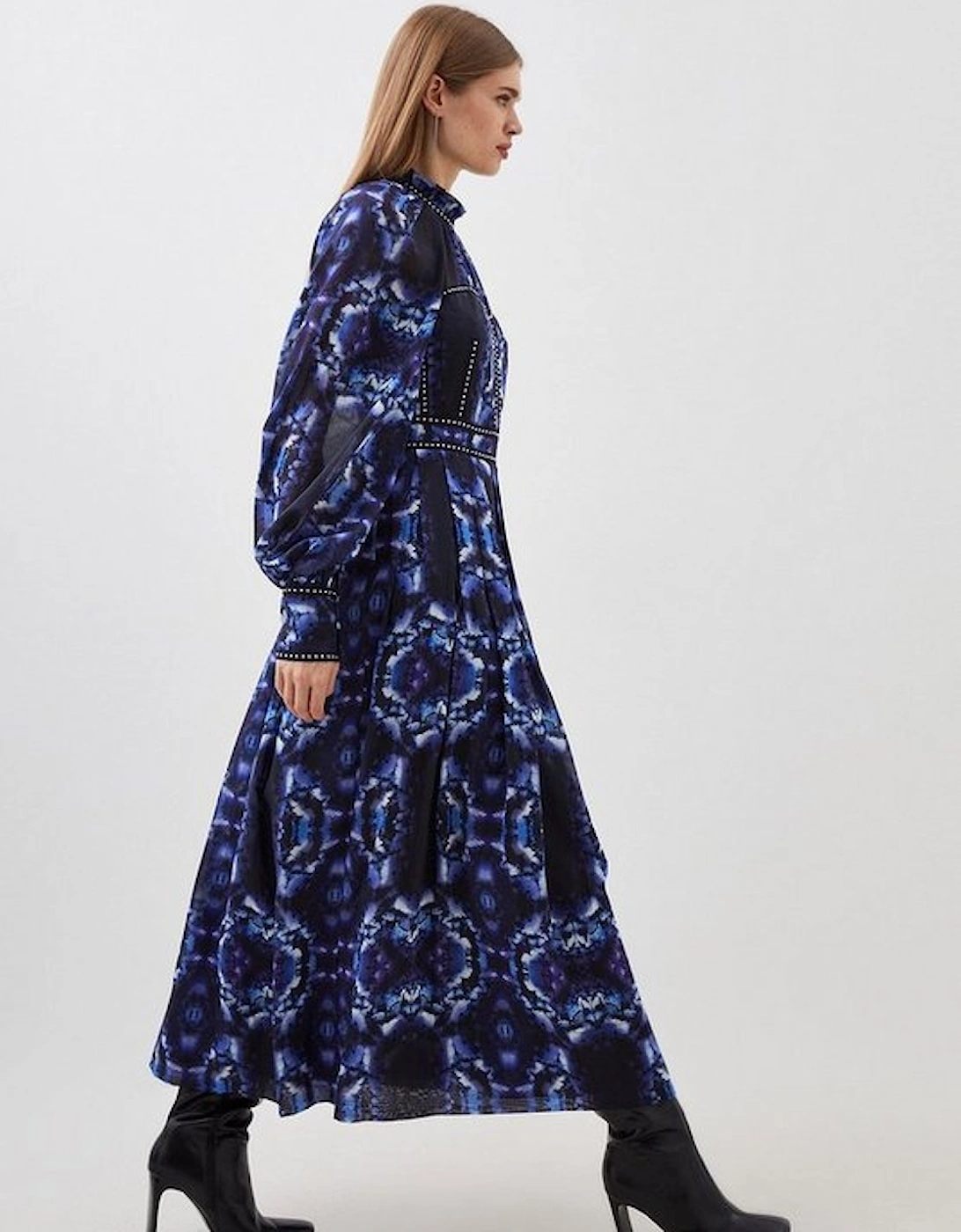 Petite Silk Cotton Border Print Woven Midi Dress
