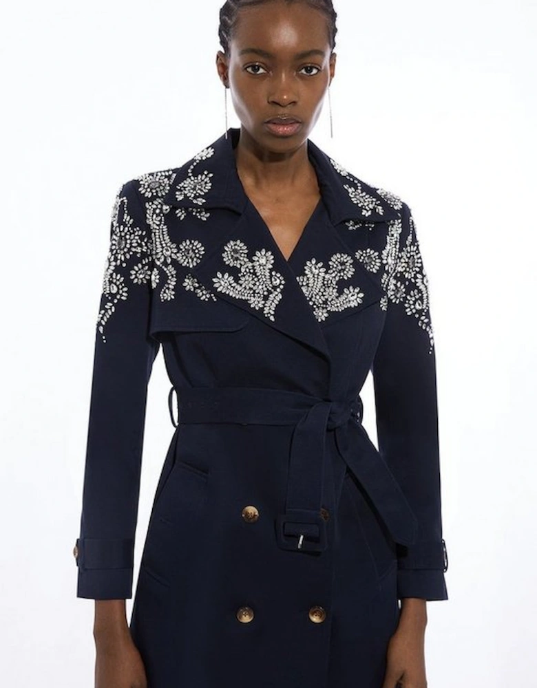 Tailored Crystal Embellished Belted Trench Coat
