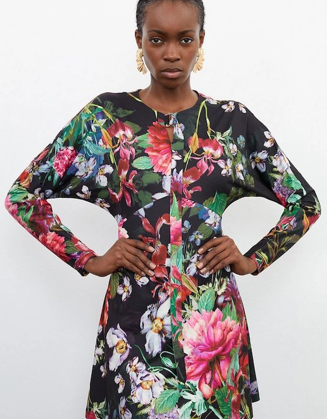 Botanic Floral Jersey Crepe Batwing Sleeve Mini Dress