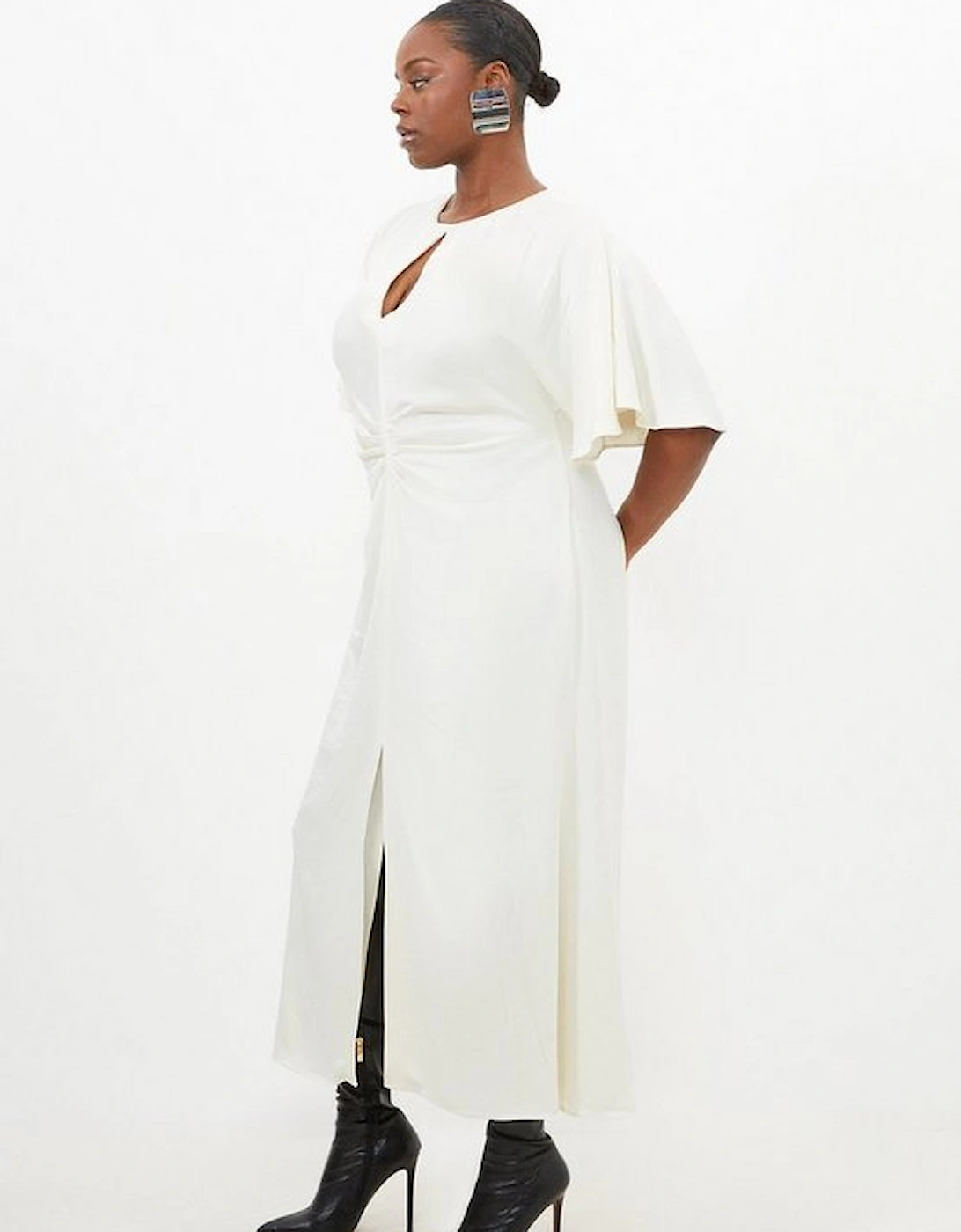 Plus Size Satin Crepe Woven Angel Sleeve Midi Dress