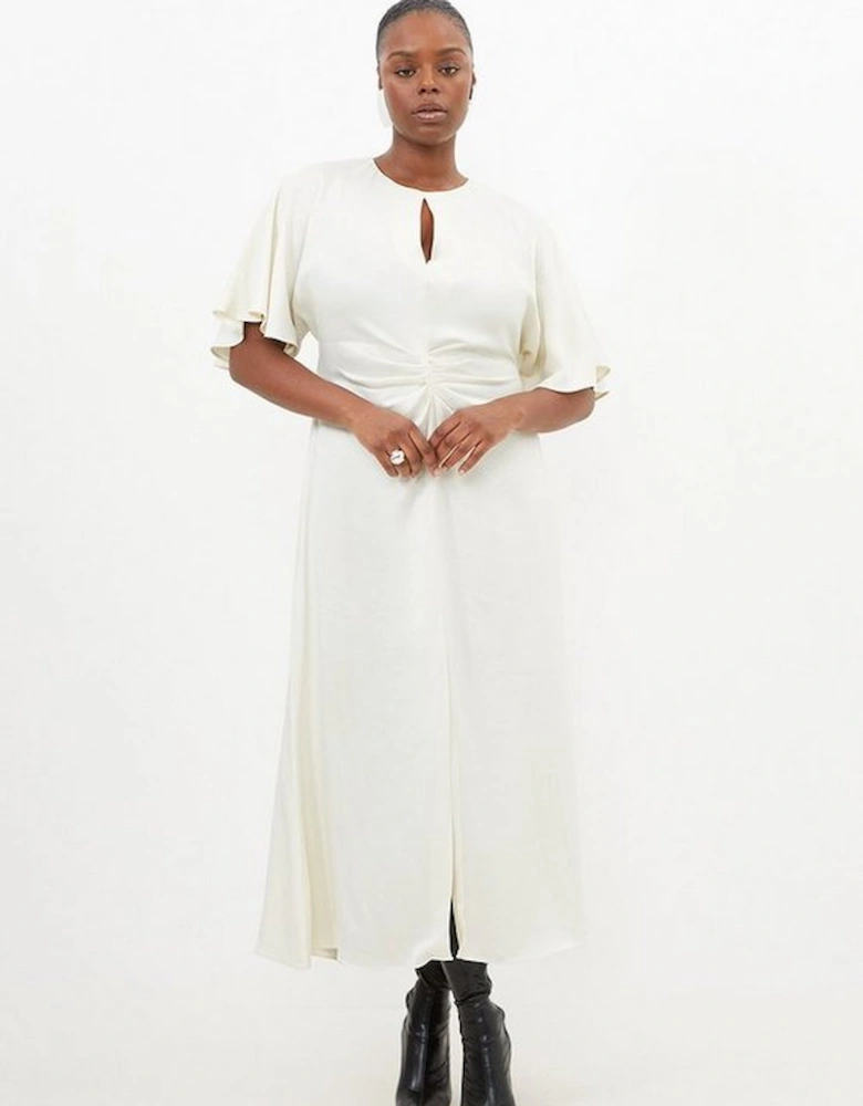 Plus Size Satin Crepe Woven Angel Sleeve Midi Dress