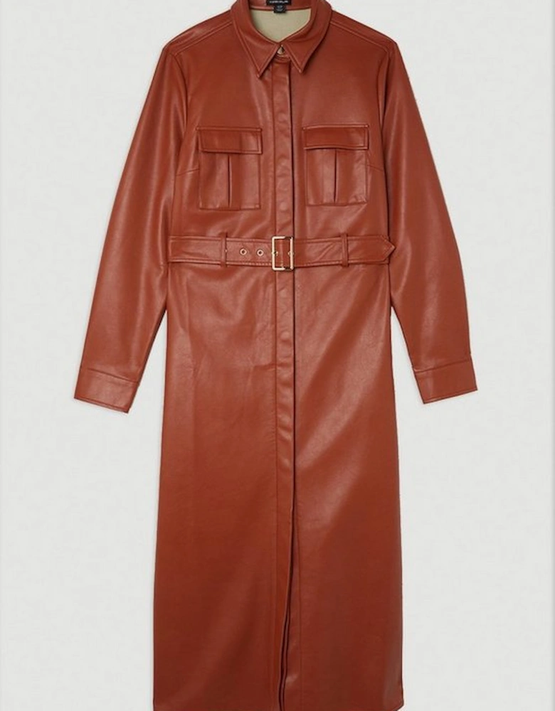 Faux Leather Belted Maxi Shirt Dress