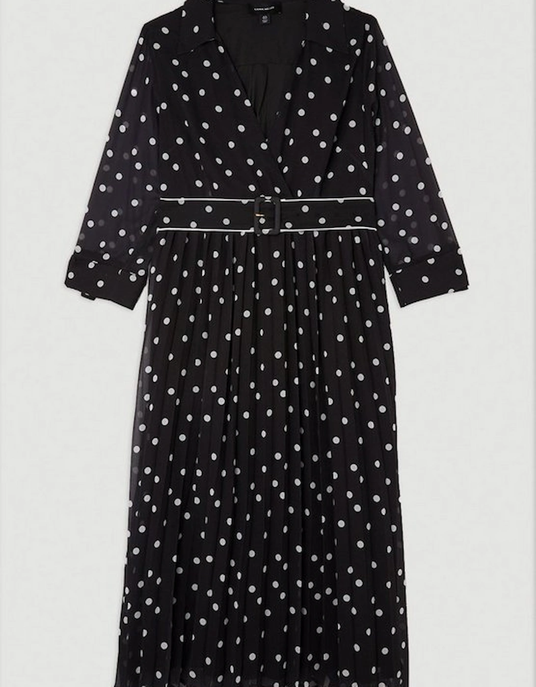 Plus Size Pleated Contrast Georgette Spot Woven Midi Dress