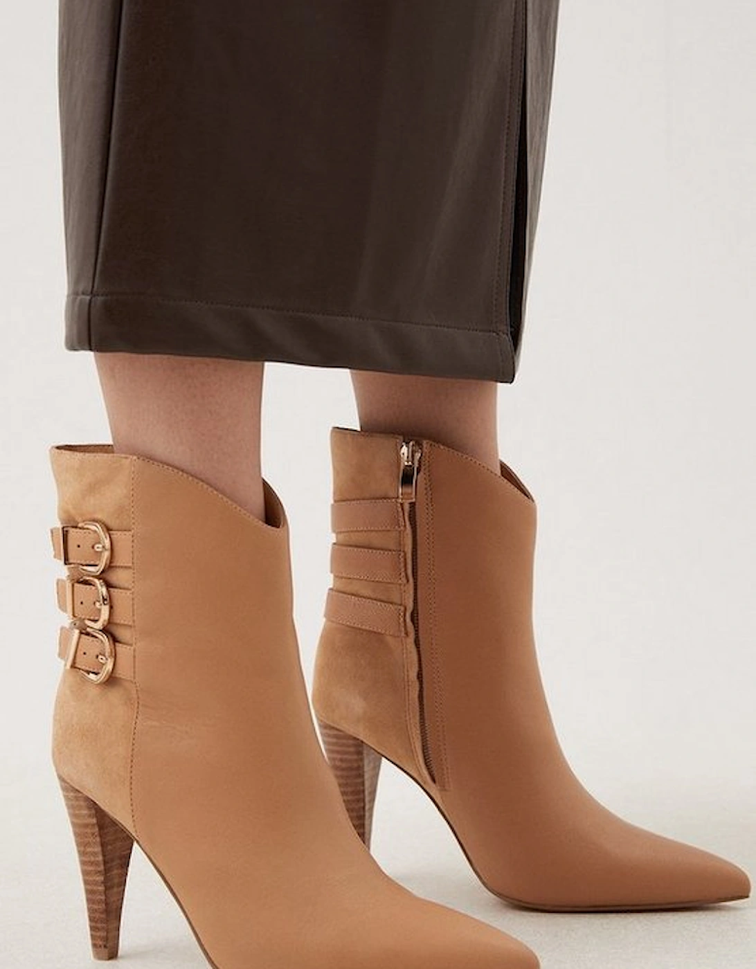 Leather And Suede Cone Heel Buckle Boot