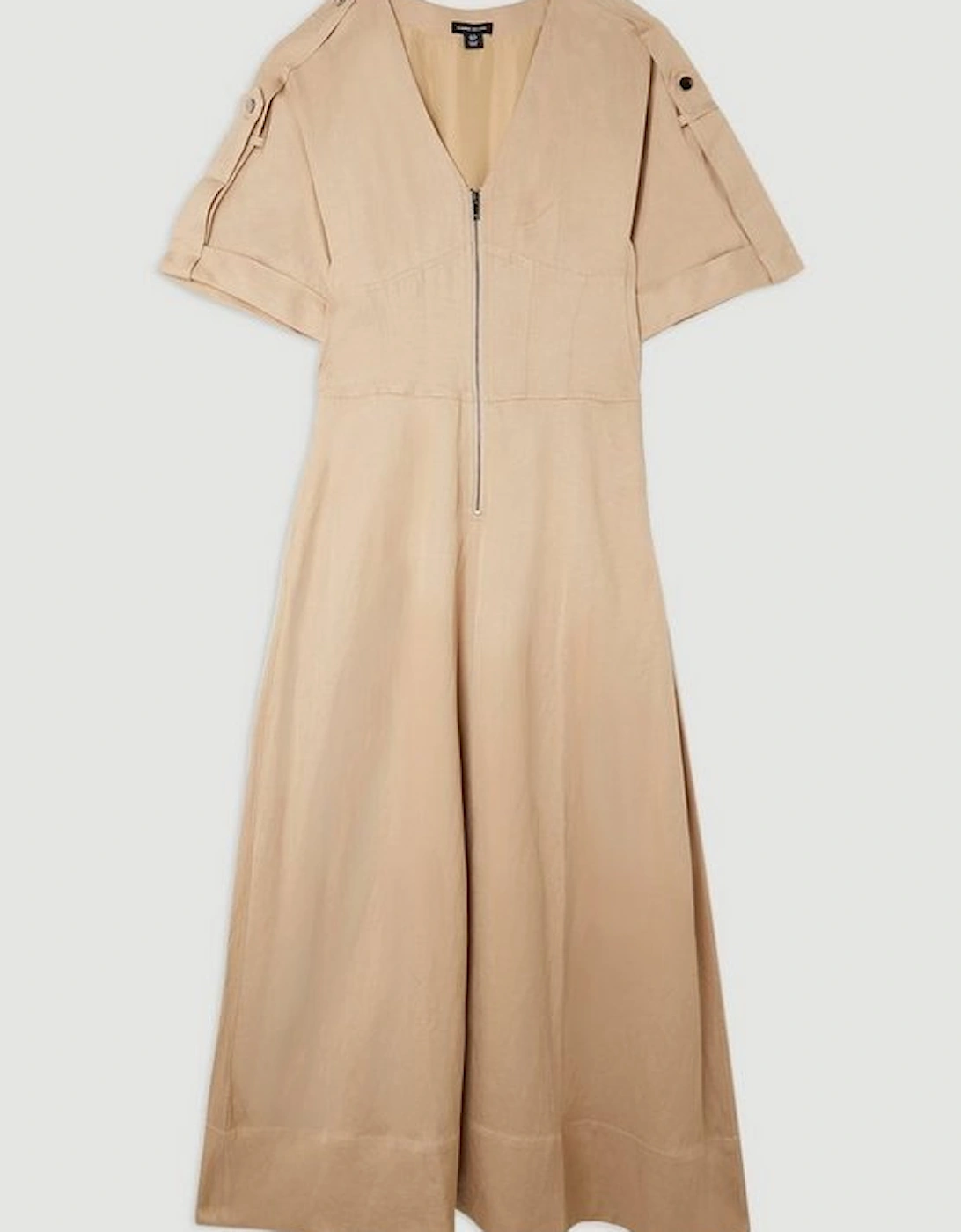 Premium Linen Twill Woven Short Sleeve Midi Dress