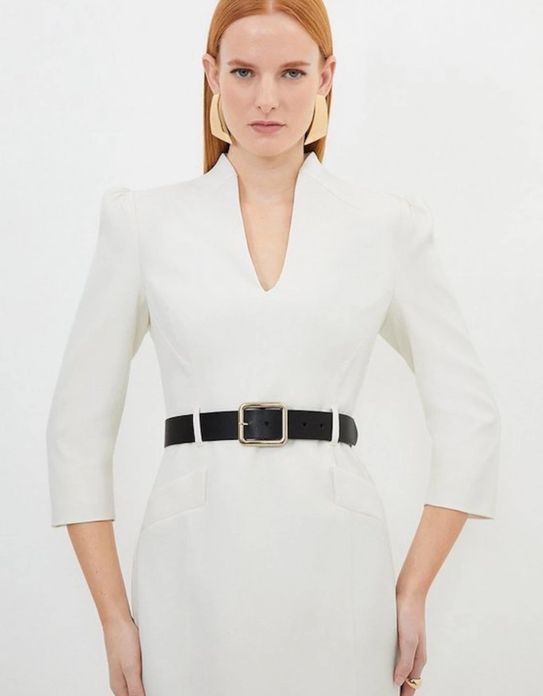 Tailored Structured Crepe High Neck Belted Pencil Dress