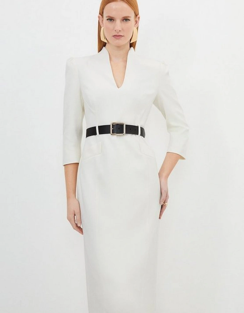 Tailored Structured Crepe High Neck Belted Pencil Dress