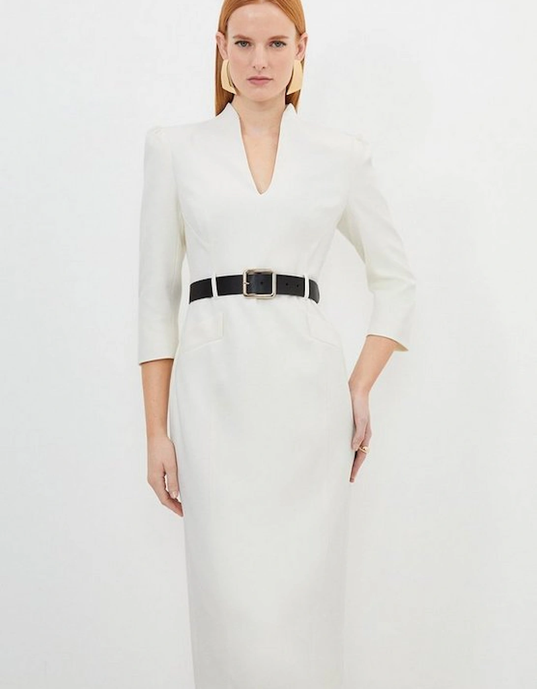 Tailored Structured Crepe High Neck Belted Pencil Dress, 5 of 4