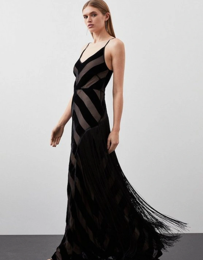 Fringed Velvet Devore Woven Maxi Dress