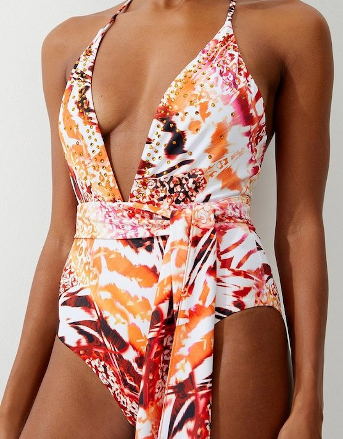 Statement Print Embellished Trim Tie Detail Swimsuit, 5 of 4