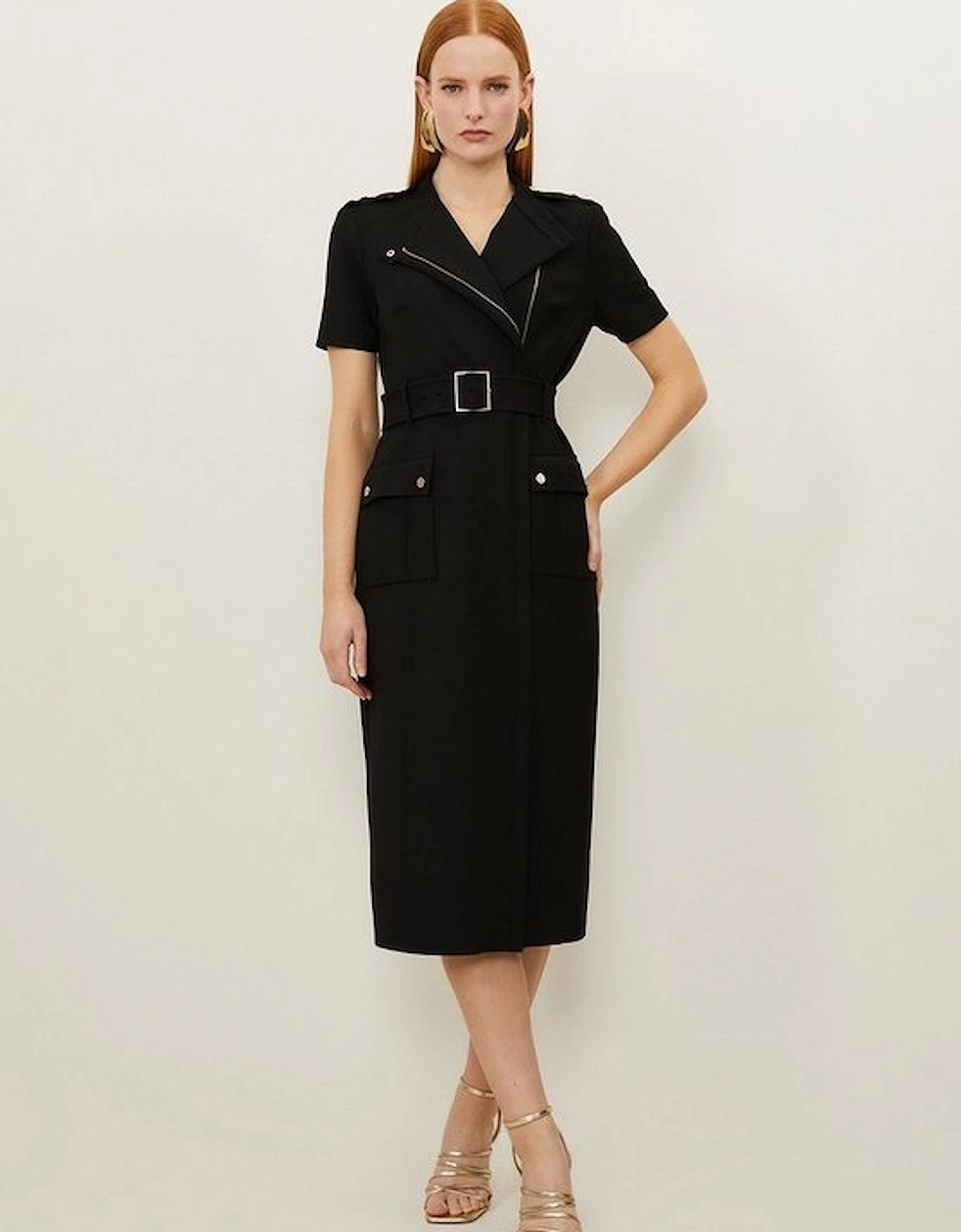 Petite Compact Stretch Wrap Belted Tailored Midi Dress, 8 of 7
