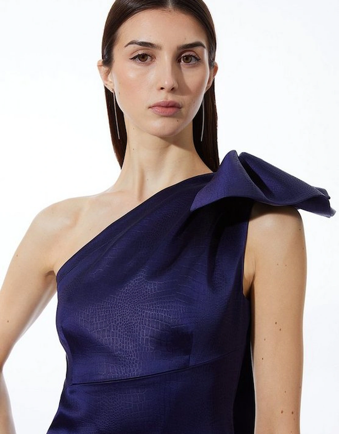 Italian Textured Satin Drape Shoulder Tailored Midi Dress, 5 of 4