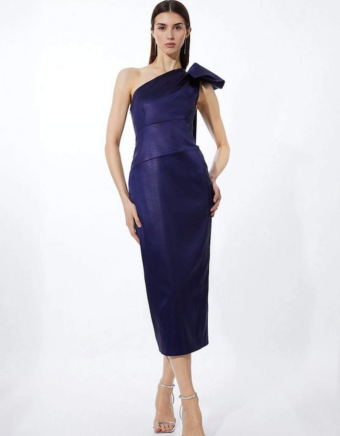 Italian Textured Satin Drape Shoulder Tailored Midi Dress