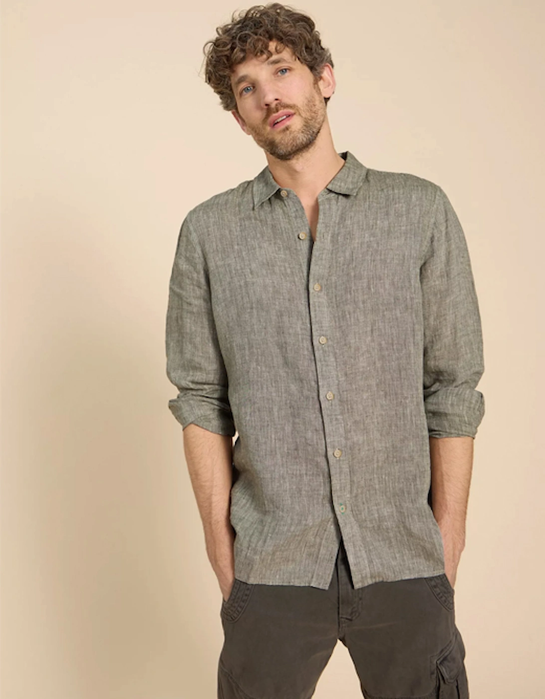 Men's Pembroke Long Sleeve Linen Shirt Khaki Green, 8 of 7