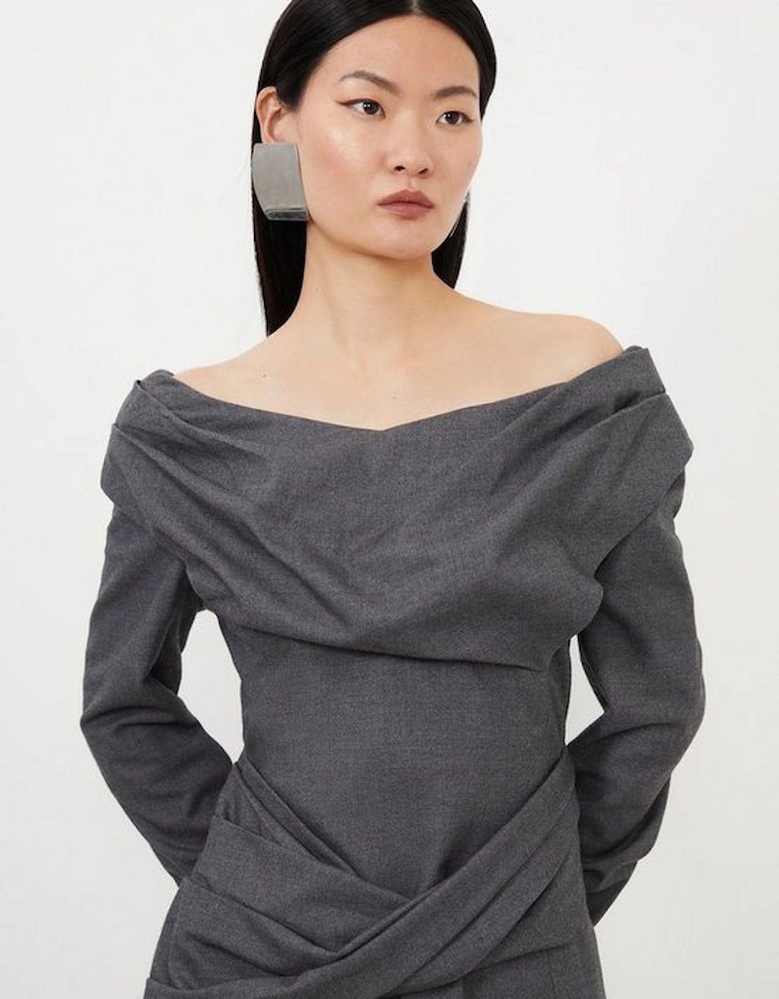 Grey Marl Woven Wool Mix Bardot Mini Dress