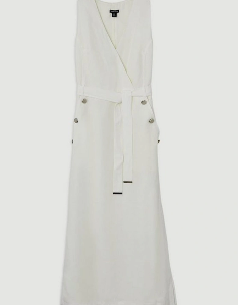 Premium Linen Tailored Button Detail Belted Midi Dress