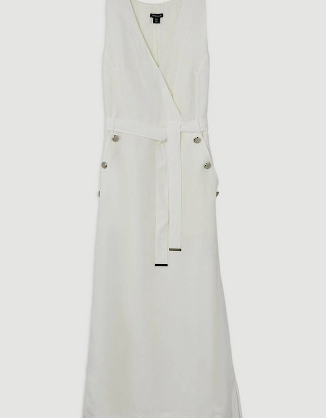 Premium Linen Tailored Button Detail Belted Midi Dress