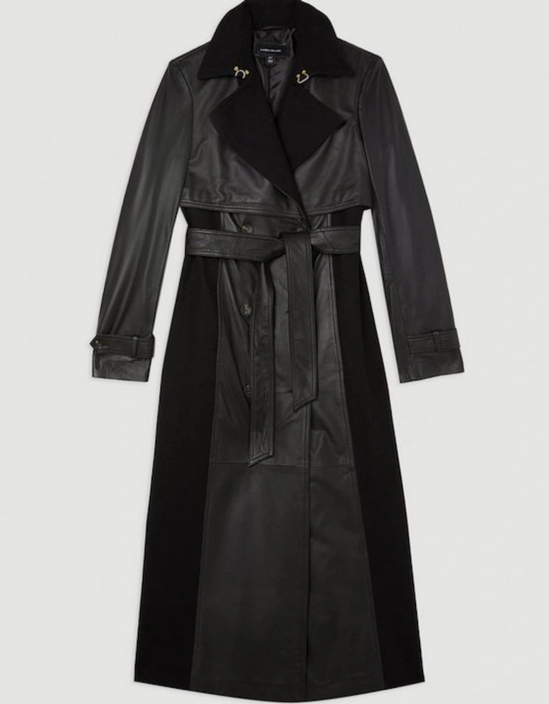 Leather And Wool Mix Belted Trench Coat