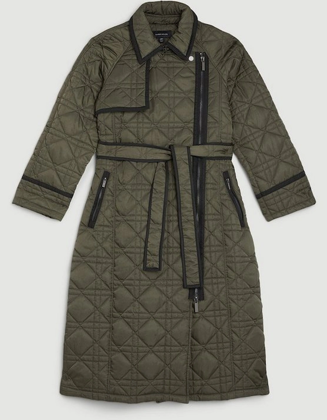 Petite Diamond Quilt Contrast Binding Belted Trench Coat