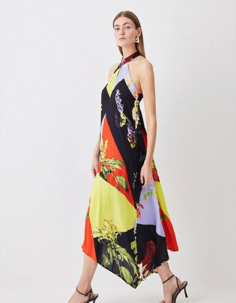 Colour Block Floral Halter Neck Woven Midi Dress