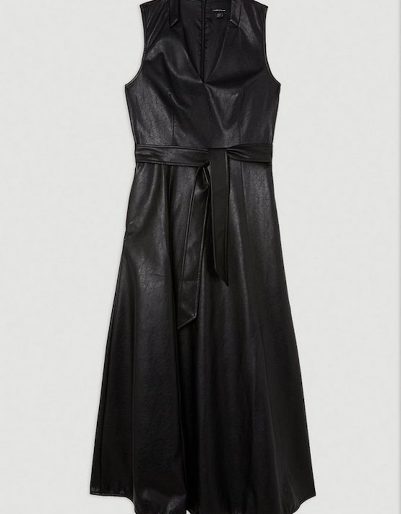 Faux Leather Notch Neck Belted Full Skirt Maxi Dress