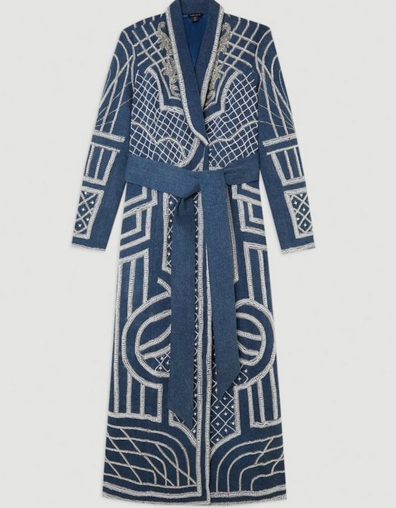 Pearl Embellished Woven Denim Maxi Blazer Dress