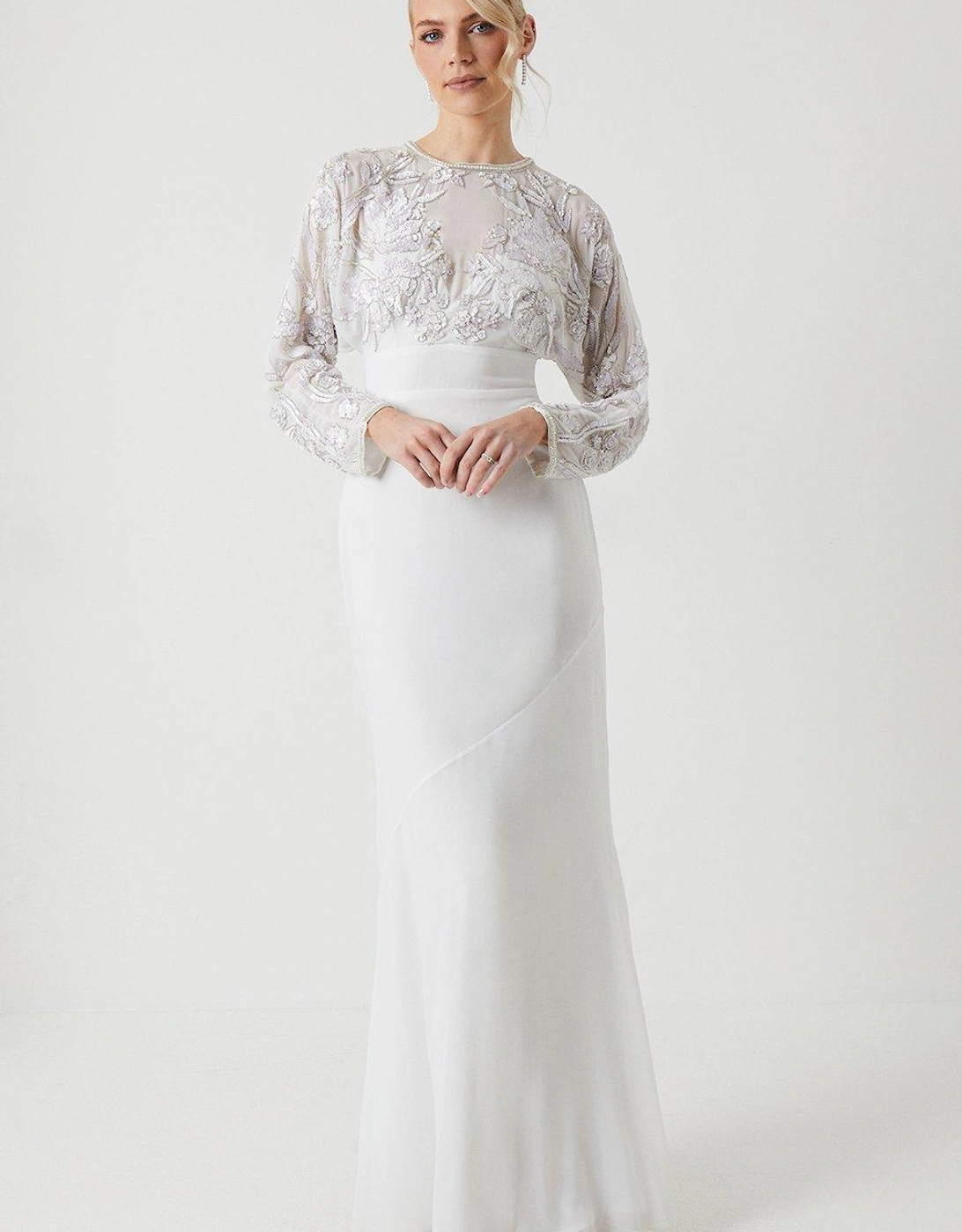Long Sleeve Embellished Bodice Wedding Dress, 6 of 5