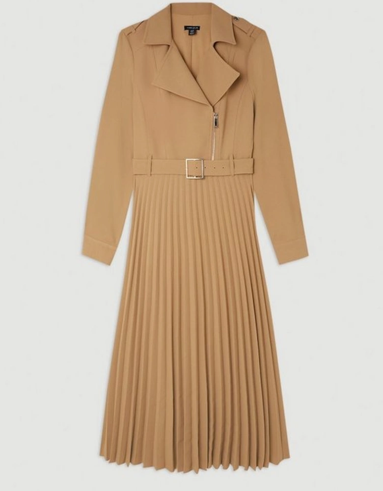 Tailored Crepe Belted Pleated Skirt Midi Shirt Dress