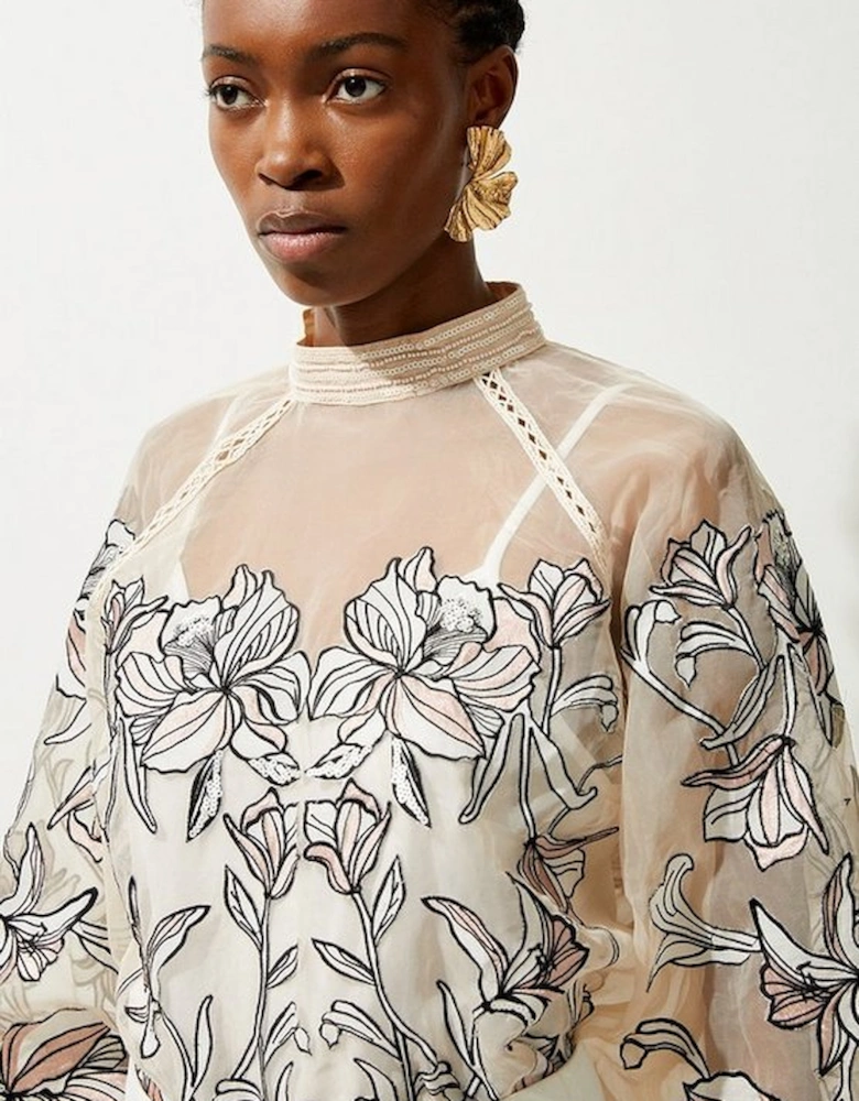 Floral Embroidery Organdie Woven Blouse