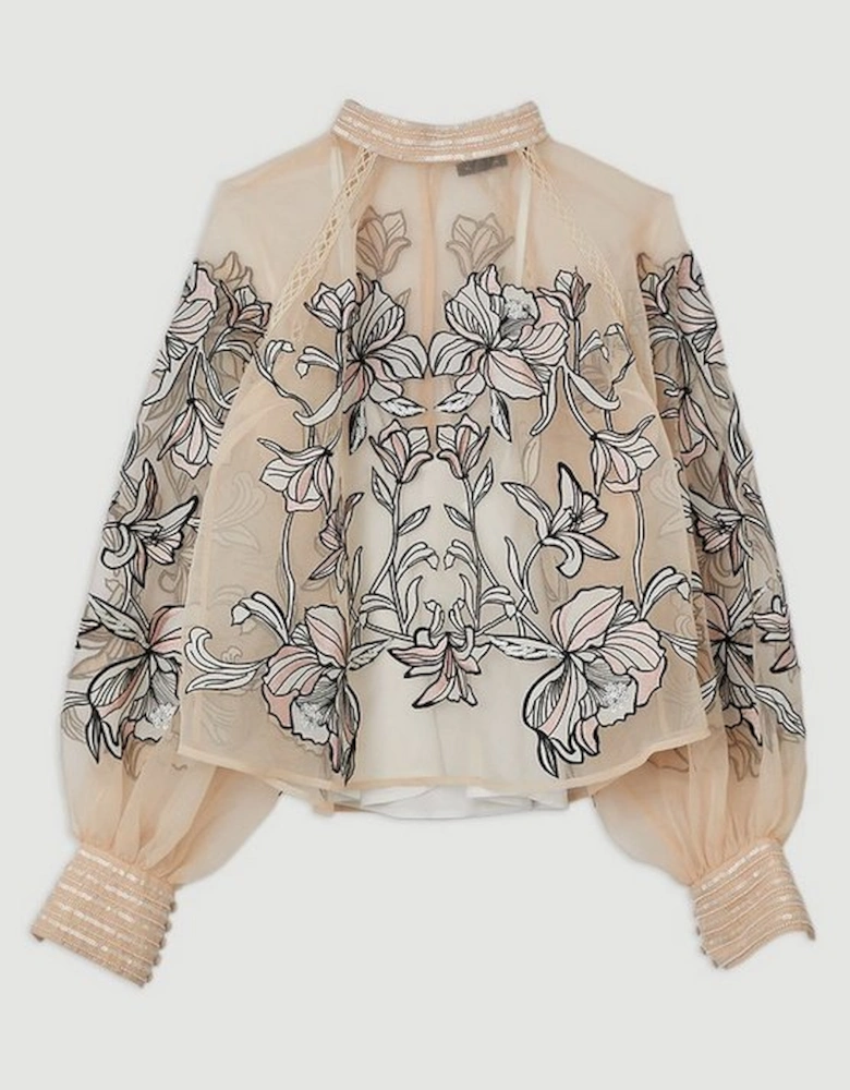 Floral Embroidery Organdie Woven Blouse
