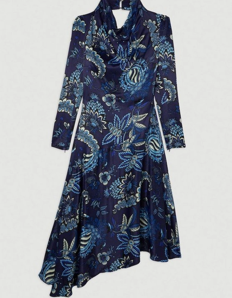 Floral Print Viscose Satin Asymmetric Woven Midi Dress