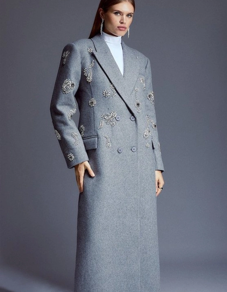 Tailored Wool Blend Embellished Maxi Coat
