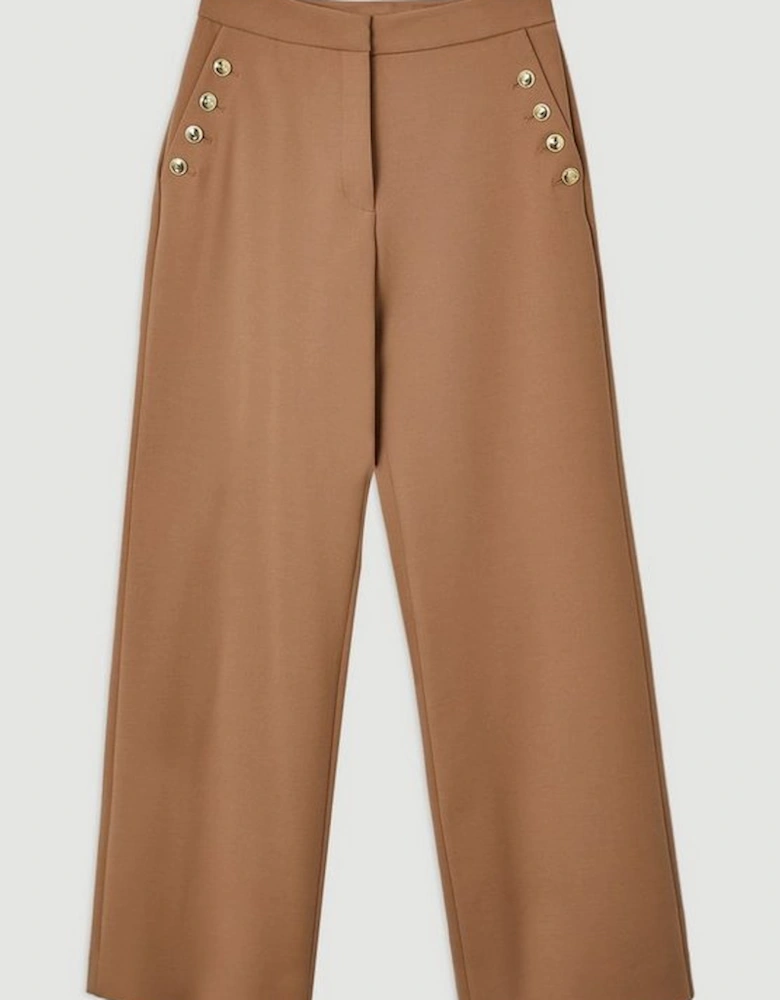 Compact Stretch Tailored Button Detail Wide Leg Trousers