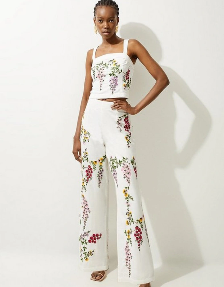 Floral Embroidered Cotton Linen Woven Wide Leg Trousers