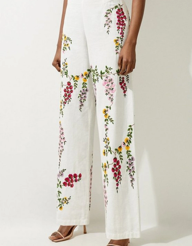 Floral Embroidered Cotton Linen Woven Wide Leg Trousers