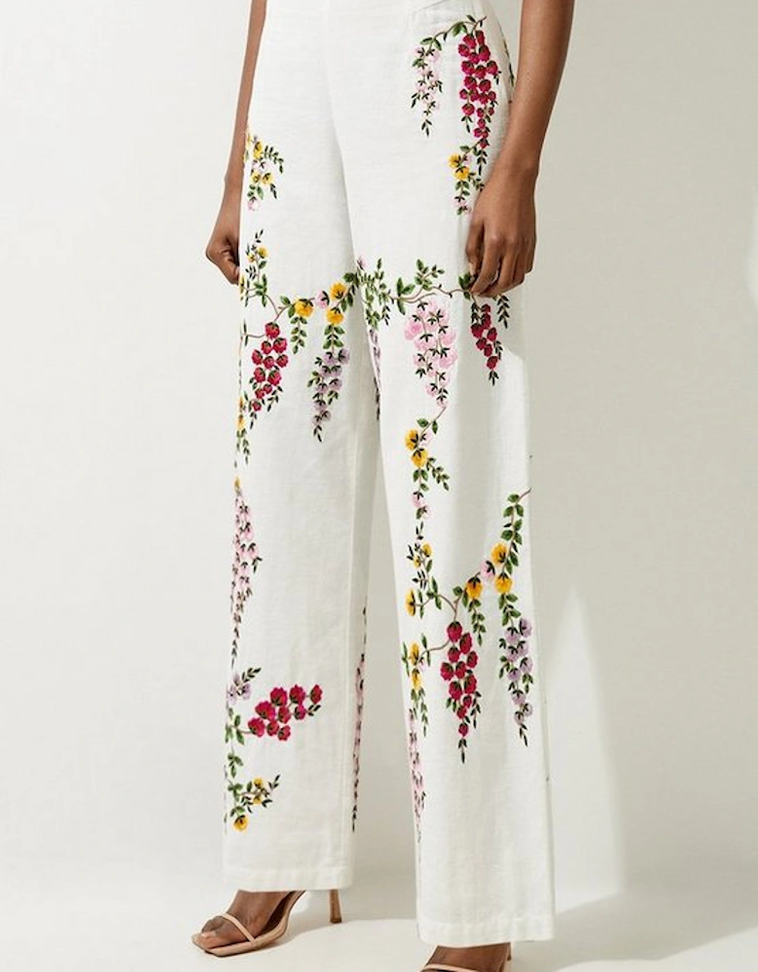 Floral Embroidered Cotton Linen Woven Wide Leg Trousers