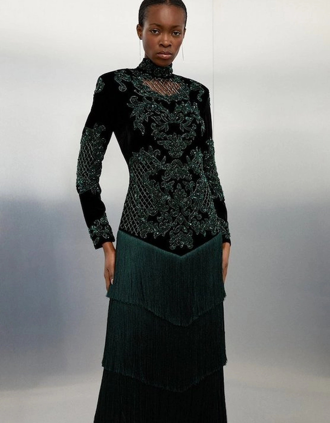Petite Velvet Baroque Fringe Woven Maxi Dress