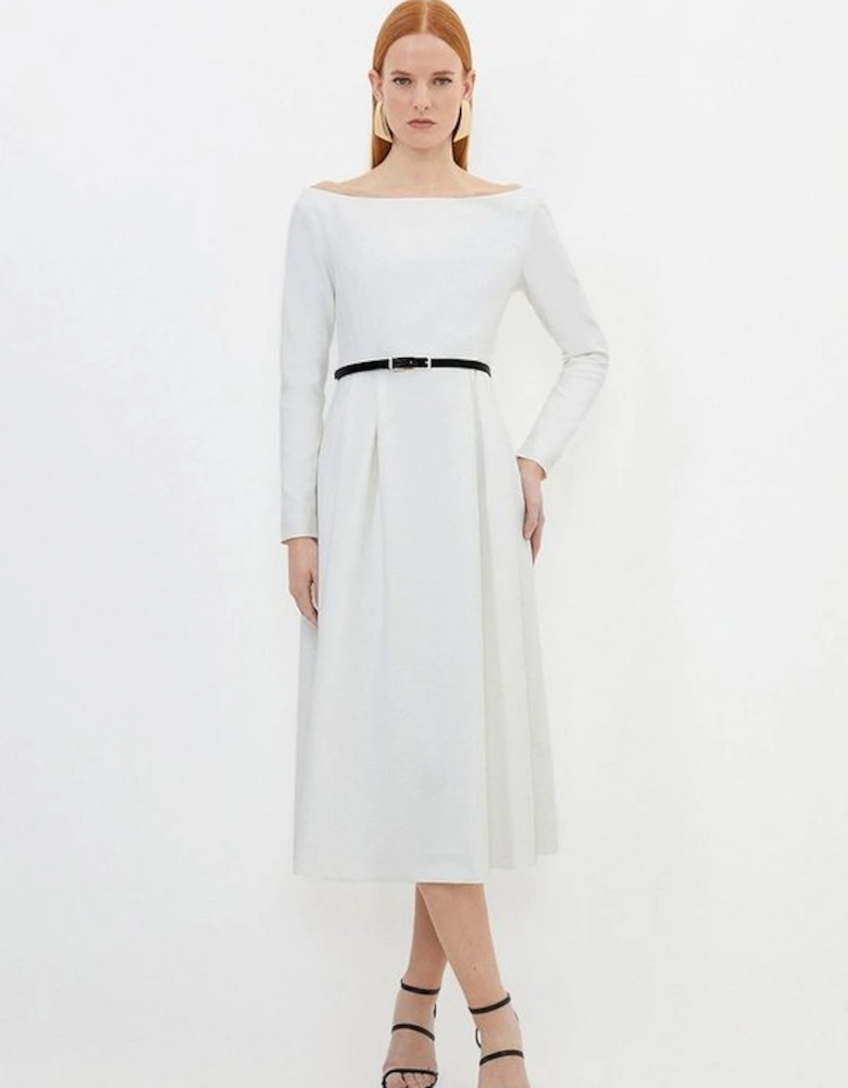 Compact Stretch Off Shoulder Full Skirt Tailored Midi Dress