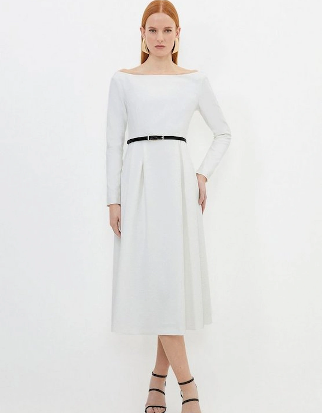Compact Stretch Off Shoulder Full Skirt Tailored Midi Dress, 5 of 4