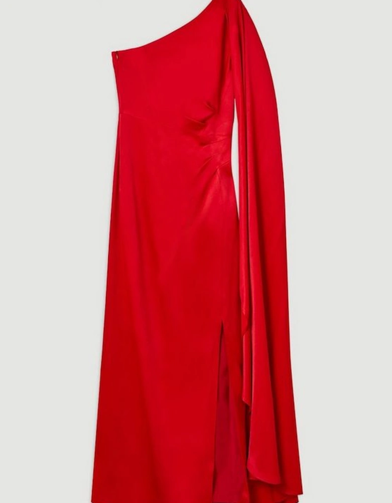 Satin Back Crepe One Shoulder Drape Sleeve Maxi Dress