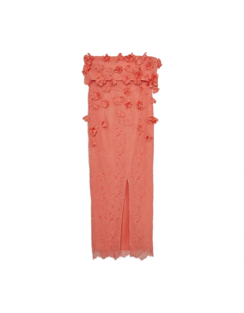 Petal Floral Applique On Lace Woven Bandeau Midi Dress
